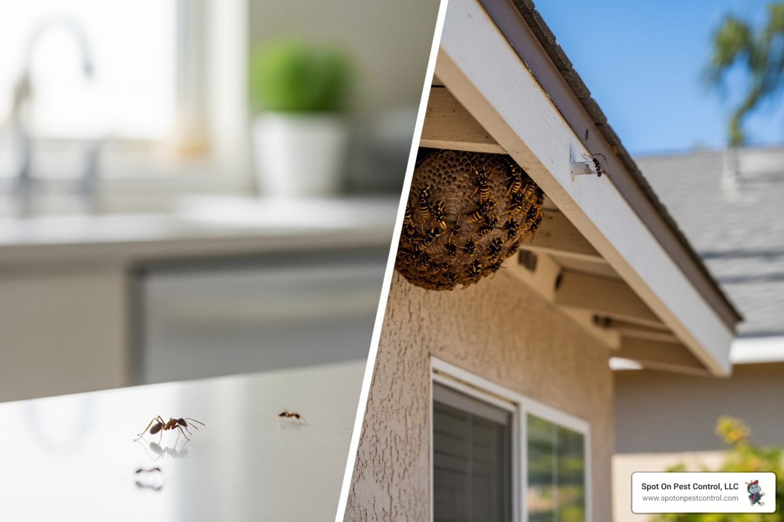 Infographic showing two columns comparing routine pest sightings versus pest emergencies in Diboll TX, with icons for each category: routine side shows single ant, occasional spider, cricket sounds; emergency side shows wasp nest, termite swarm, rodent droppings, bed bug bites, with red alert symbols - emergency pest control company in diboll, tx
