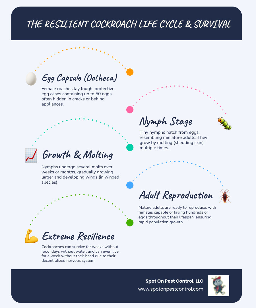 Detailed infographic showing the cockroach life cycle from egg to adult, illustrating why these pests are so resilient with stages including egg capsule, nymph stages, and adult reproduction cycle, along with survival facts like their ability to live without food for weeks - "Find a cockroach exterminator near Livingston, TX."