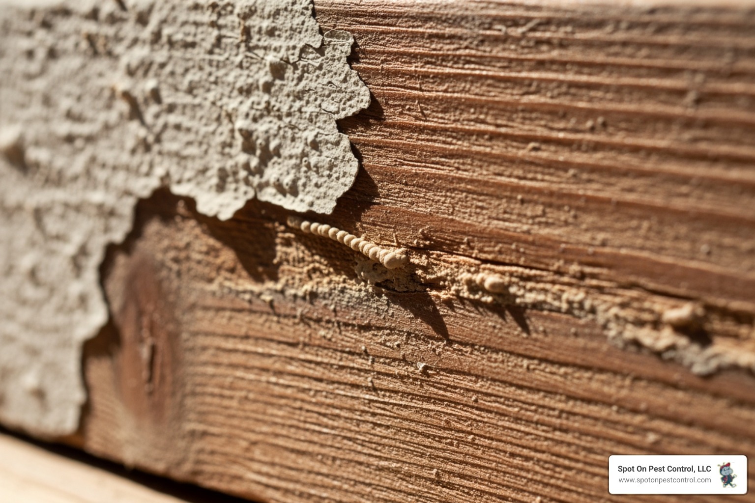 Infographic showing seven key signs of termite infestation: hollow-sounding wood when tapped, mud tubes on foundation walls, small piles of sawdust-like frass, discarded swarmer wings near windows, bubbling or peeling paint, swollen doors and windows, and visible wood damage - affordable termite treatment in diboll, tx