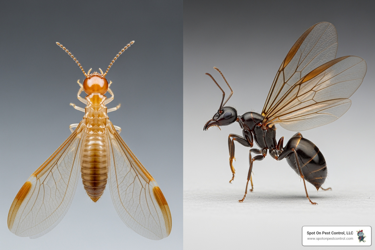 Infographic showing the differences between termite swarmers and flying ants, highlighting body shape, antennae, wings, and waist structure to help Trinity homeowners identify termites accurately - Why termite removal is a problem to solve now, not later, Trinity, TX