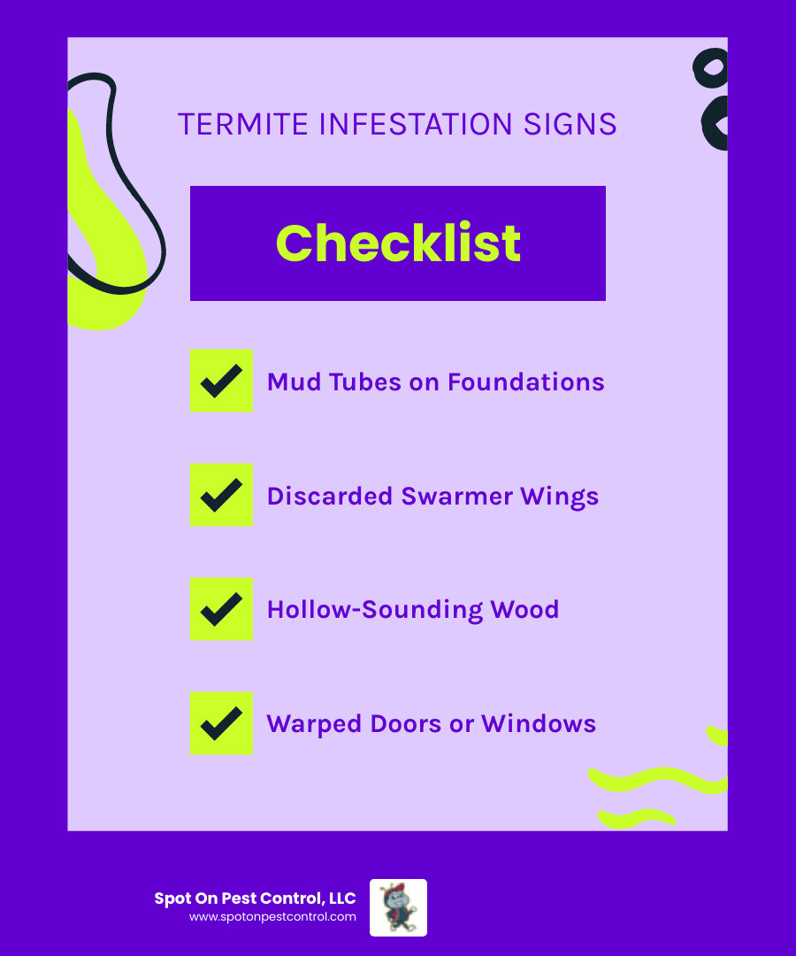 Infographic showing common signs of termite infestation including mud tubes on foundation, discarded swarmer wings, hollow wood damage, frass pellets, warped doors, and moisture problems - Termite control services in Livingston, TX infographic checklist-fun-neon