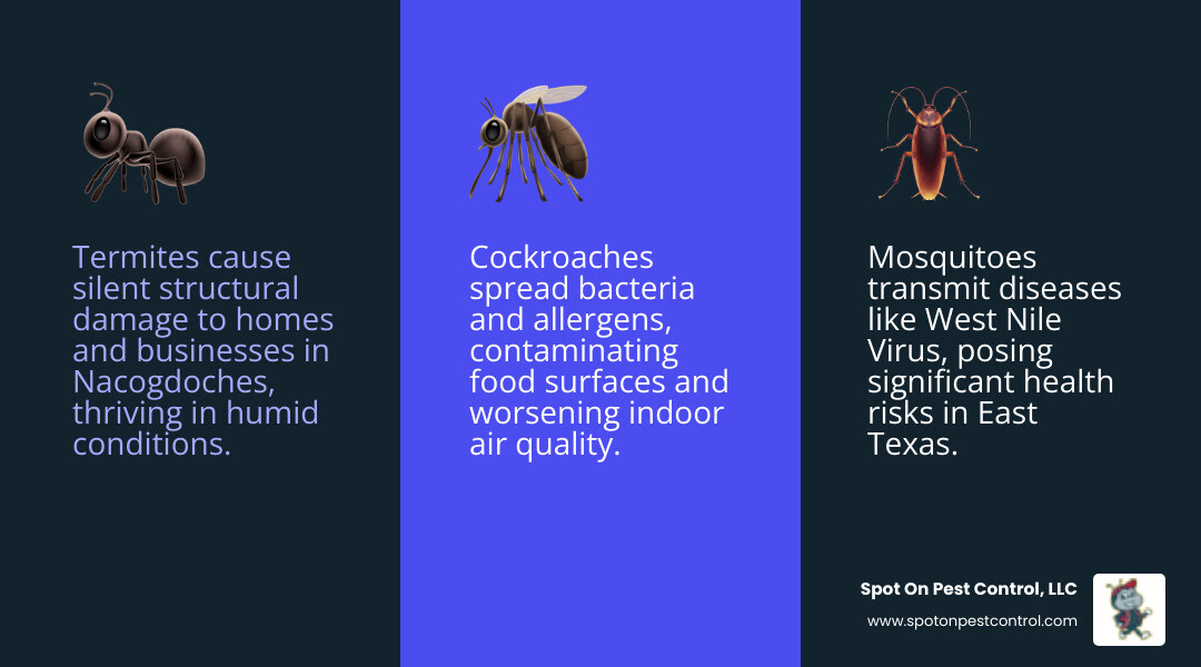 Infographic showing the most common pests in Nacogdoches TX including termites, mosquitoes, cockroaches, rodents, ants, spiders, fleas, and ticks, with icons indicating their primary risks such as structural damage, disease transmission, food contamination, and property damage specific to the East Texas Piney Woods region - pest control company in nacogdoches tx infographic 3_facts_emoji_blue