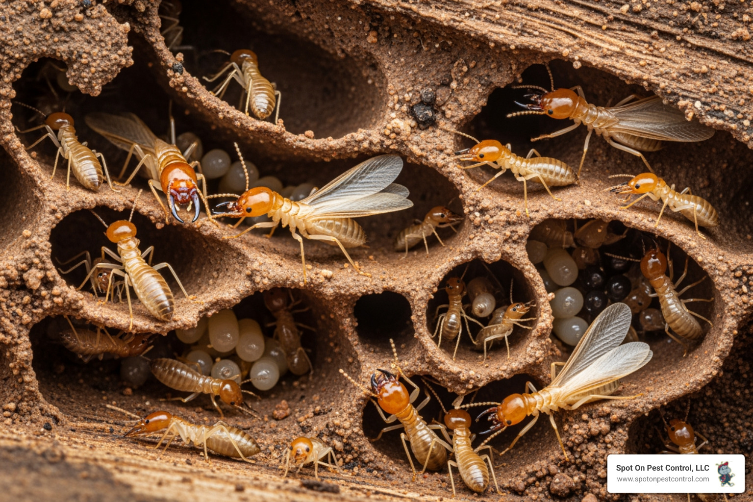 infographic showing the complete life cycle of subterranean termites from eggs to swarmers, including colony formation, worker termites, soldiers, and reproductive swarmers, with timeline and environmental conditions specific to Nacogdoches climate - Professional termite extermination in Nacogdoches, TX