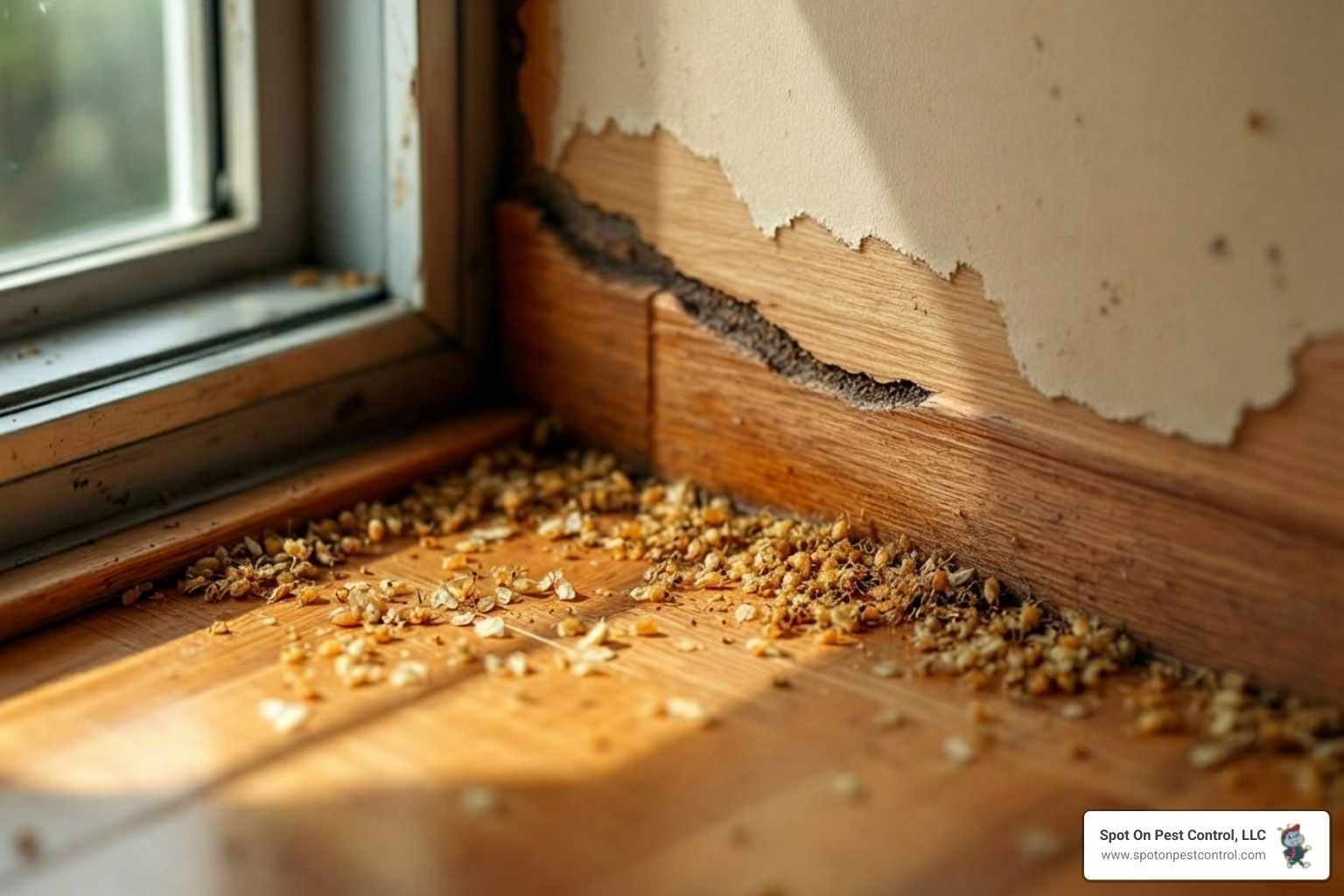 Infographic showing the 5 most common termite warning signs in Nacogdoches homes: mud tubes on foundations, discarded wings near entry points, hollow wood that sounds different when tapped, blistered or bubbling paint, and small piles of wood-colored pellets beneath wooden structures - Common signs of termites in Nacogdoches homes