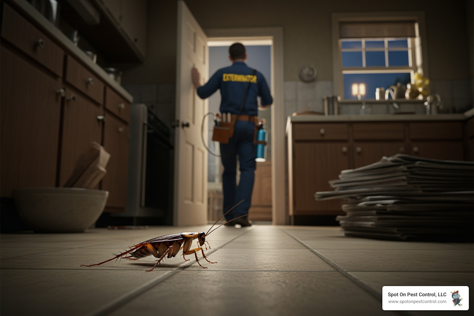 Infographic showing emergency cockroach extermination process: Step 1 - Identify signs (live roaches during day, multiple rooms affected, musty smell), Step 2 - Call emergency exterminator (same-day service available), Step 3 - Professional inspection (species ID and treatment plan), Step 4 - Targeted treatment application, Step 5 - Follow-up visits and prevention - emergency cockroach exterminator in nacogdoches, tx