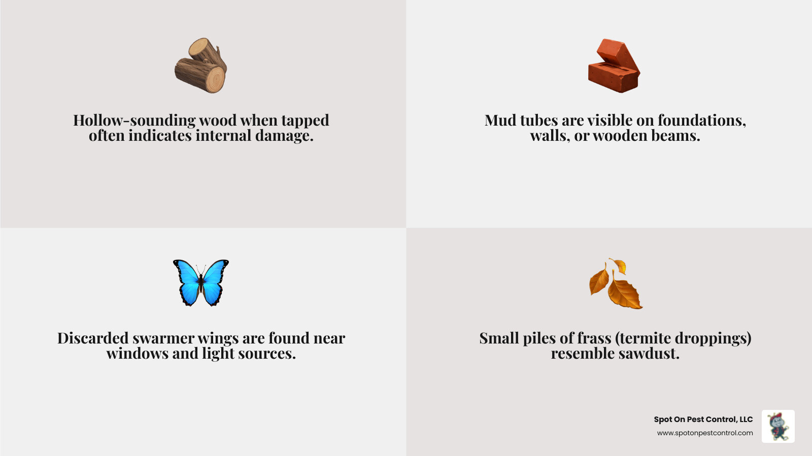 Infographic showing common signs of commercial termite infestation: hollow-sounding wood when tapped, small piles of sawdust-like frass near baseboards, mud tubes running up concrete foundations, discarded swarmer wings near windows and doors, and bubbling or peeling paint on walls - commercial termite treatment in diboll, tx infographic 4_facts_emoji_grey