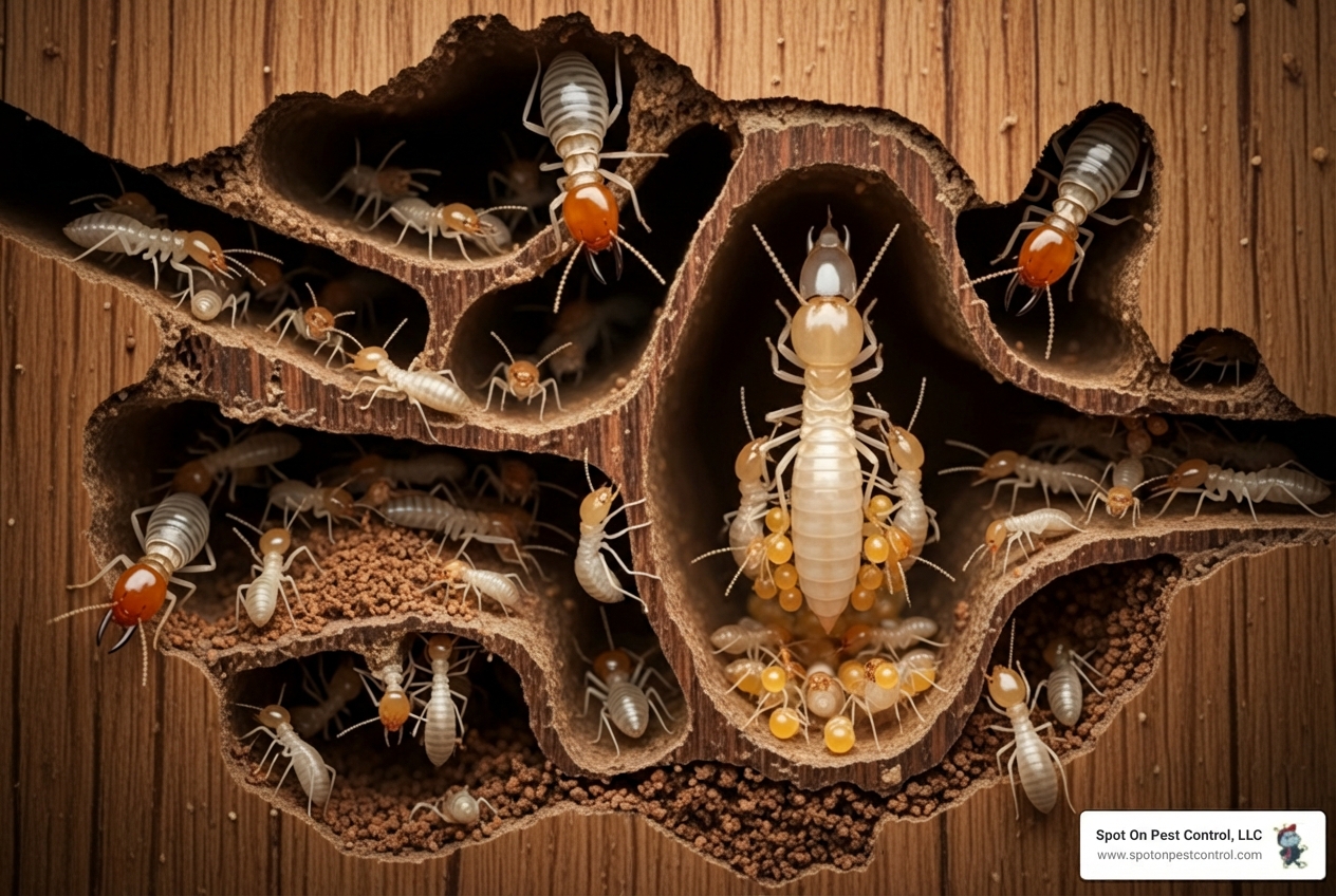 infographic showing termite colony structure with workers feeding on wood, soldiers defending the colony, and reproductive termites establishing new colonies, illustrating how a single colony can threaten commercial properties - commercial termite treatment in livingston, tx infographic showing termite colony structure with workers feeding on wood, soldiers defending the colony, and reproductive termites establishing new colonies, illustrating how a single colony can threaten commercial properties - commercial termite treatment in livingston, tx
