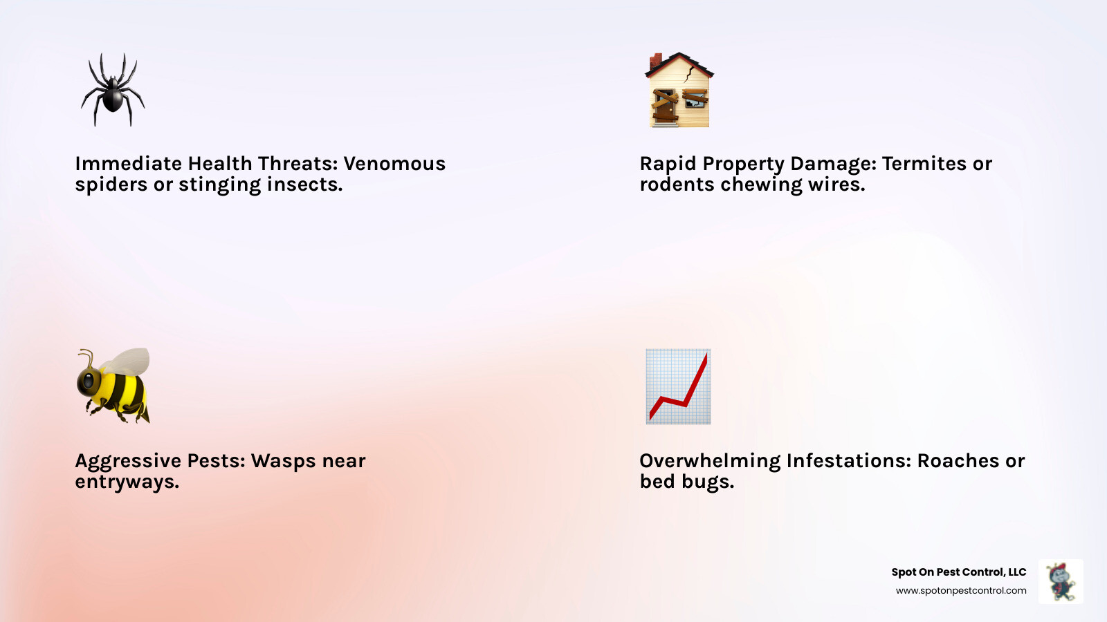 Infographic showing when to call for emergency pest control: immediate health threats including venomous spiders and stinging insects, rapid property damage from termites or rodents chewing wires, aggressive pests like wasps near entryways, and overwhelming infestations of roaches or bed bugs - emergency pest control services in nacogdoches, tx infographic 4_facts_emoji_light-gradient Infographic showing when to call for emergency pest control: immediate health threats including venomous spiders and stinging insects, rapid property damage from termites or rodents chewing wires, aggressive pests like wasps near entryways, and overwhelming infestations of roaches or bed bugs - emergency pest control services in nacogdoches, tx infographic 4_facts_emoji_light-gradient
