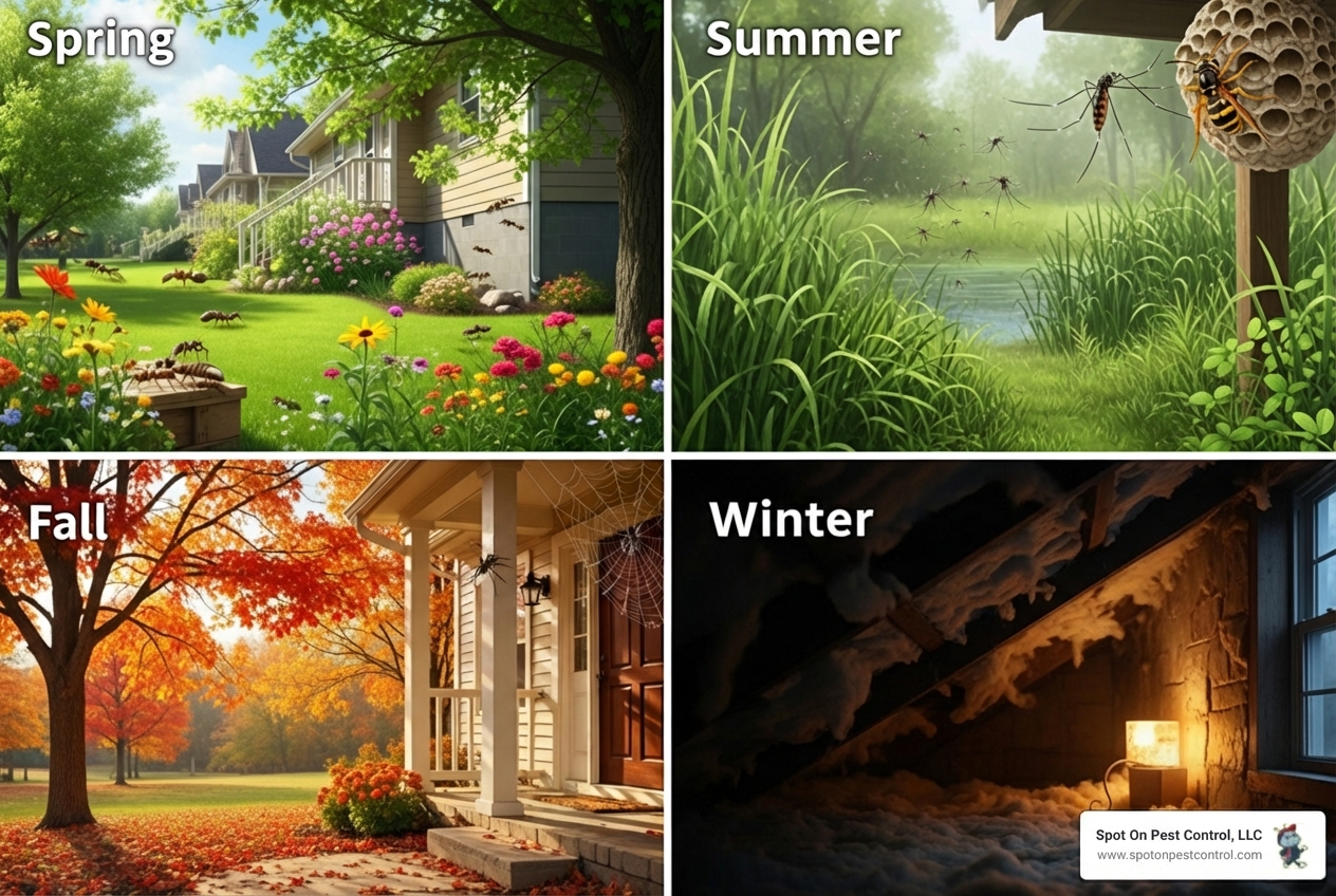 Infographic showing East Texas seasonal pest activity calendar with four quadrants: Spring (Termites and Ant colonies emerging), Summer (Mosquitoes and Wasps at peak activity), Fall (Rodents seeking indoor shelter and Spiders moving indoors), and Winter (Overwintering pests in attics and walls) - pest control company services in diboll, tx Infographic showing East Texas seasonal pest activity calendar with four quadrants: Spring (Termites and Ant colonies emerging), Summer (Mosquitoes and Wasps at peak activity), Fall (Rodents seeking indoor shelter and Spiders moving indoors), and Winter (Overwintering pests in attics and walls) - pest control company services in diboll, tx