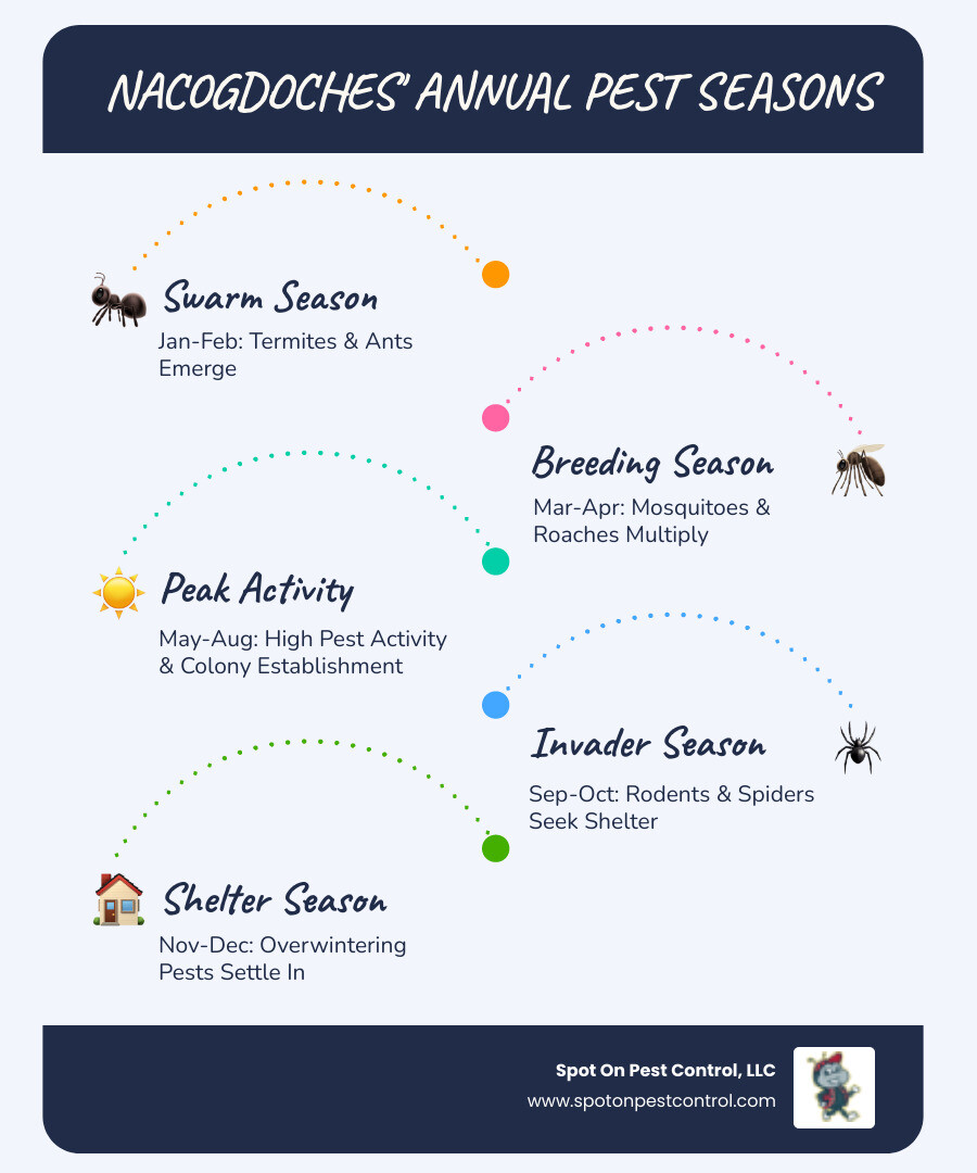 Infographic showing the six pest seasons in Nacogdoches, TX: Swarm Season (January-February) with termites and ants emerging; Breeding Season (March-April) with mosquitoes and cockroaches multiplying; High Season (May-June) with peak pest activity; Prep Season (July-August) with pests establishing colonies; Invader Season (September-October) with rodents and spiders seeking indoor shelter; and Shelter Season (November-December) with overwintering pests settling in homes - best pest control company in nacogdoches, tx infographic infographic-line-5-steps-blues-accent_colors