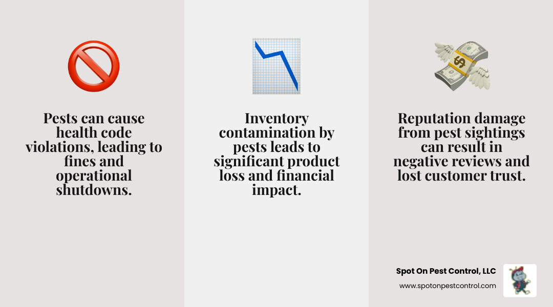 Infographic showing three business risks from pests: health code violations with a clipboard icon, reputation damage with a one-star review, and inventory loss with crossed-out boxes - commercial pest control company in lufkin, tx infographic 3_facts_emoji_grey