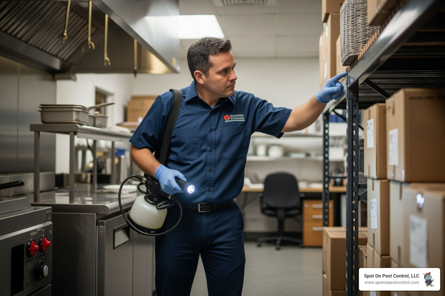 infographic showing how Nacogdoches humid subtropical climate with high humidity and warm temperatures creates ideal cockroach breeding conditions, with illustrations of the four common species German American Oriental and Smokybrown cockroaches and their preferred indoor hiding spots in commercial buildings - commercial cockroach exterminator in nacogdoches, tx
