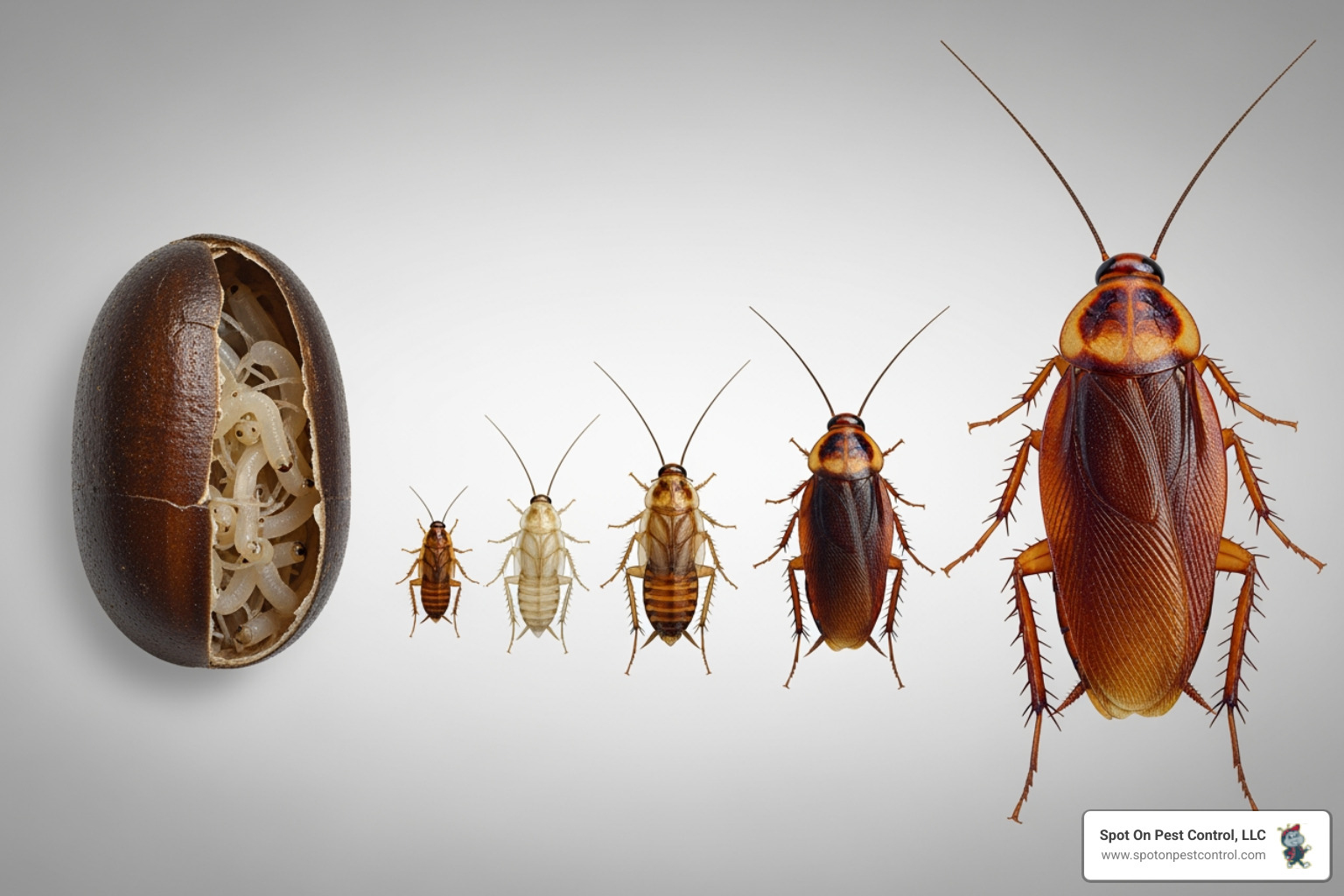 infographic showing the cockroach life cycle from egg to adult with rapid reproduction timeline and key stages - affordable cockroach exterminator in nacogdoches, tx