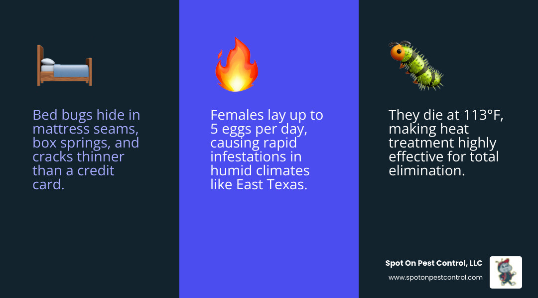 Infographic showing bed bug life cycle, signs of infestation, and heat sensitivity at 113°F for Trinity TX homeowners - "I