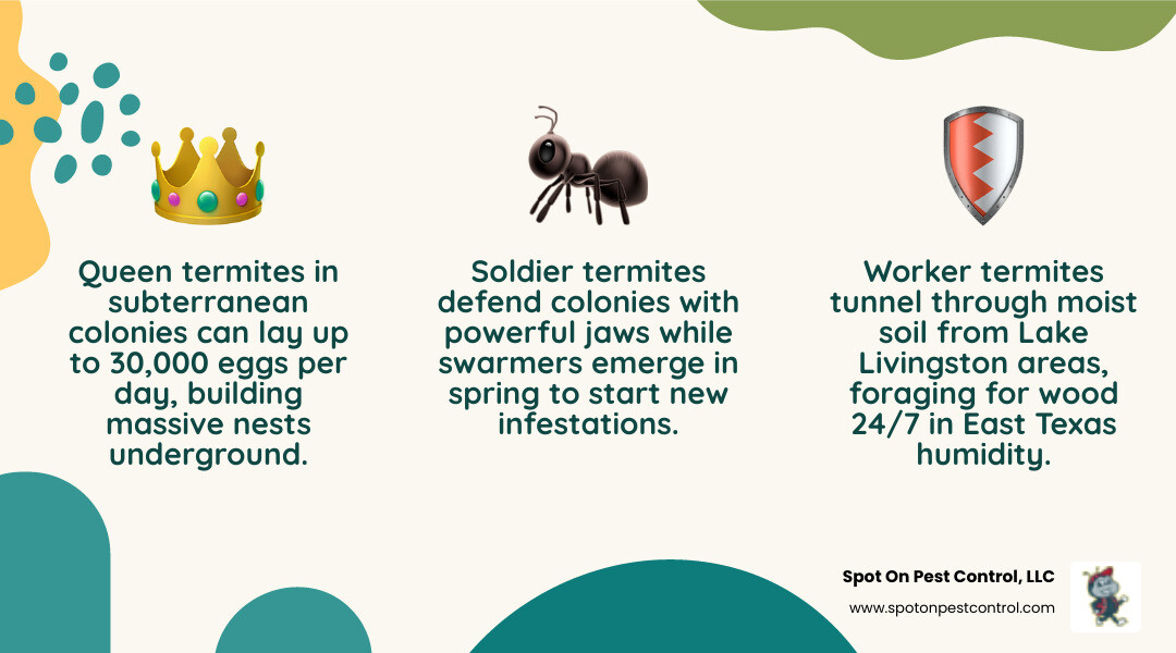 Infographic showing termite colony structure with queen at center, worker termites tunneling through soil toward home foundation, soldier termites defending colony, and reproductive swarmers emerging in spring, with labels indicating how subterranean termites in Trinity TX access homes through soil contact and moisture points - termite treatment near me in trinity, tx infographic 3_facts_emoji_nature