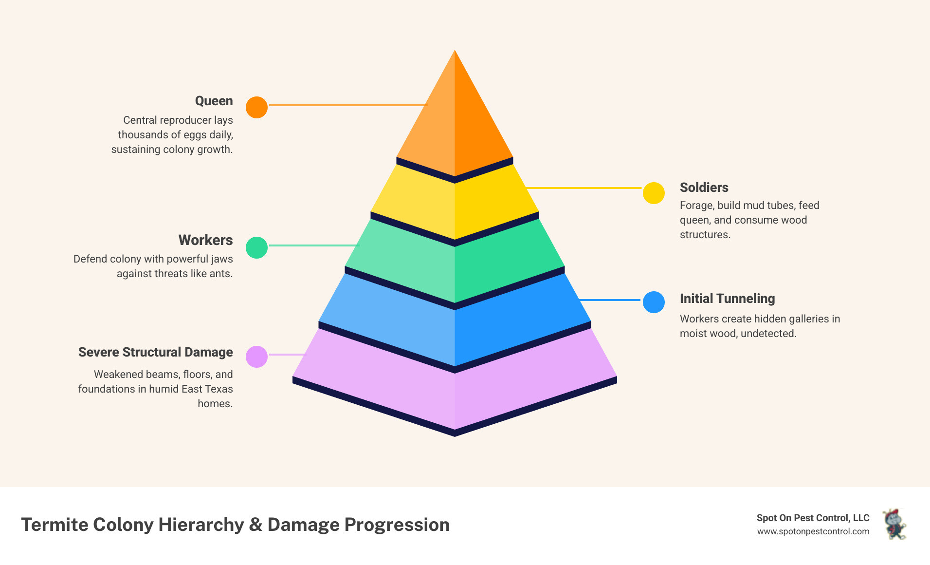 Infographic showing termite colony structure with queen, workers, and soldiers, plus stages of wood damage from initial tunneling to severe structural compromise in Trinity TX homes - same day termite treatment in trinity, tx infographic pyramid-hierarchy-5-steps