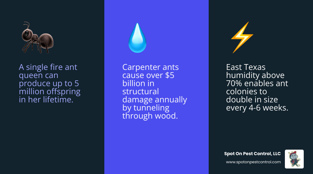 Infographic showing rapid ant colony expansion in East Texas humid climate with key warning signs - 24 hour ant exterminator Infographic showing rapid ant colony expansion in East Texas humid climate with key warning signs - 24 hour ant exterminator