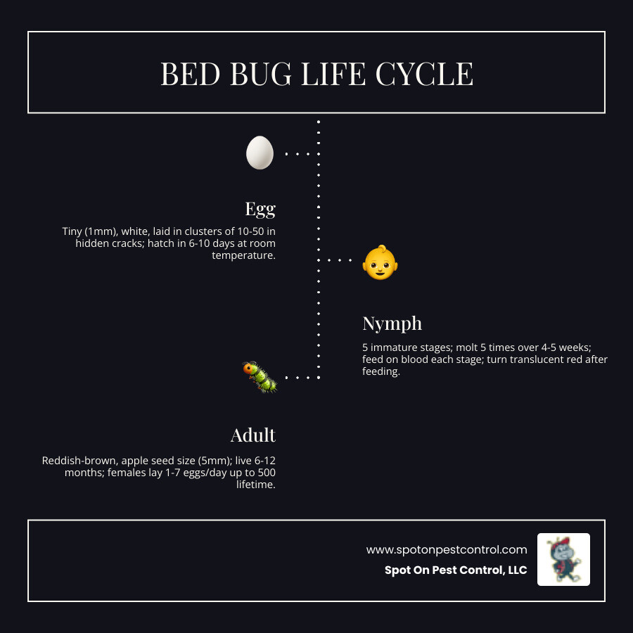 Bed bug life cycle infographic from egg to adult with timeline and key stages - professional bed bug exterminator in alco Bed bug life cycle infographic from egg to adult with timeline and key stages - professional bed bug exterminator in alco