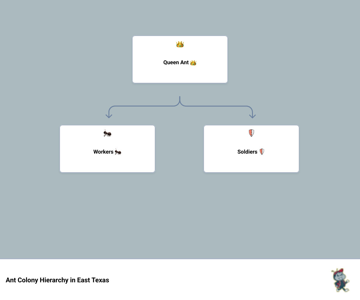 Infographic showing ant colony hierarchy, peak seasons in Lufkin TX, and top ant species found in East Texas - professional