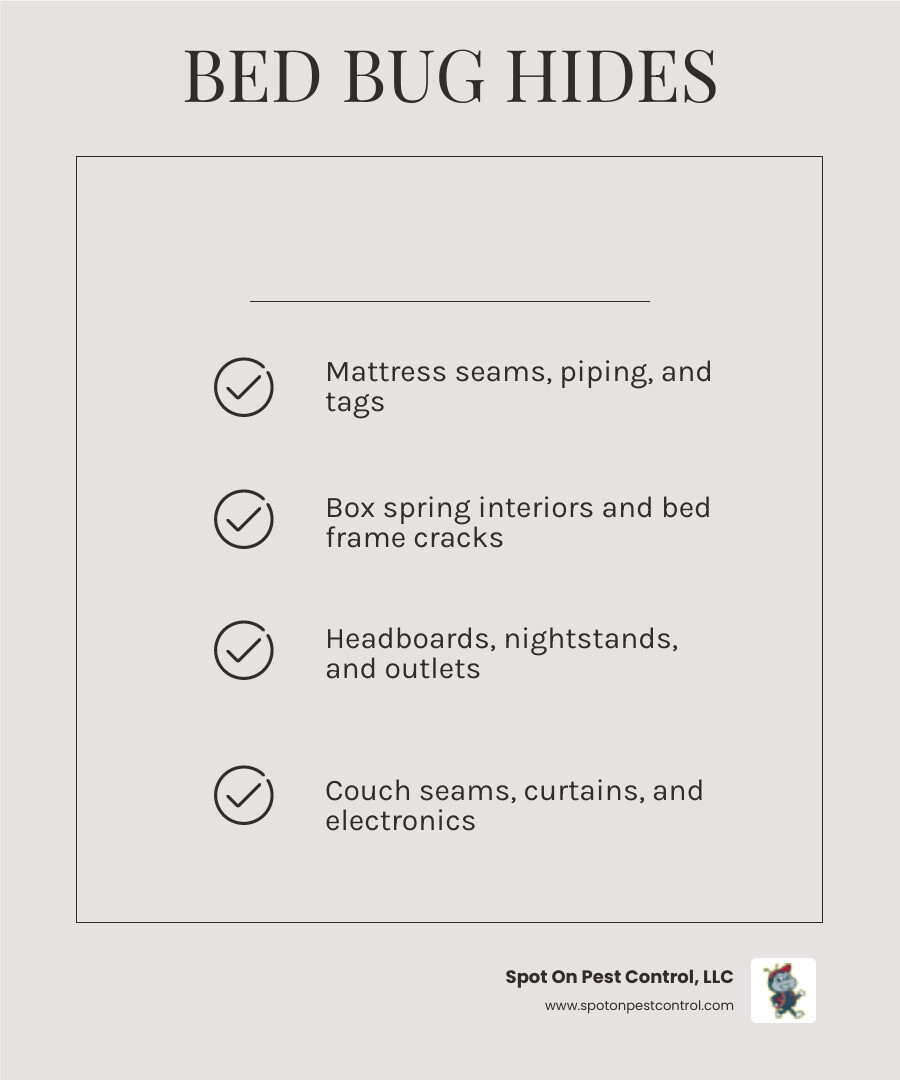 bed bug spread routes and common hiding spots in a home infographic - how bed bugs spread and where they hide infographic