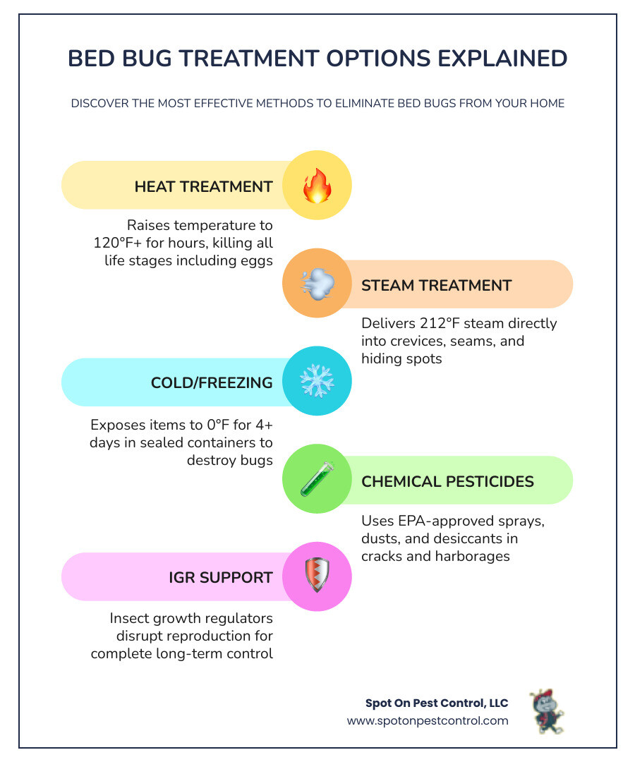 Bed bug treatment methods comparison infographic showing heat, chemical, and physical options - bed bug treatment options