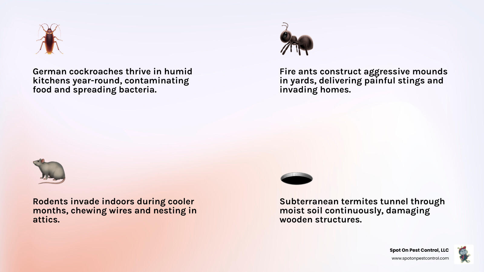Seasonal pest activity cycle in East Texas showing spring through winter pest surges - home pest control services in