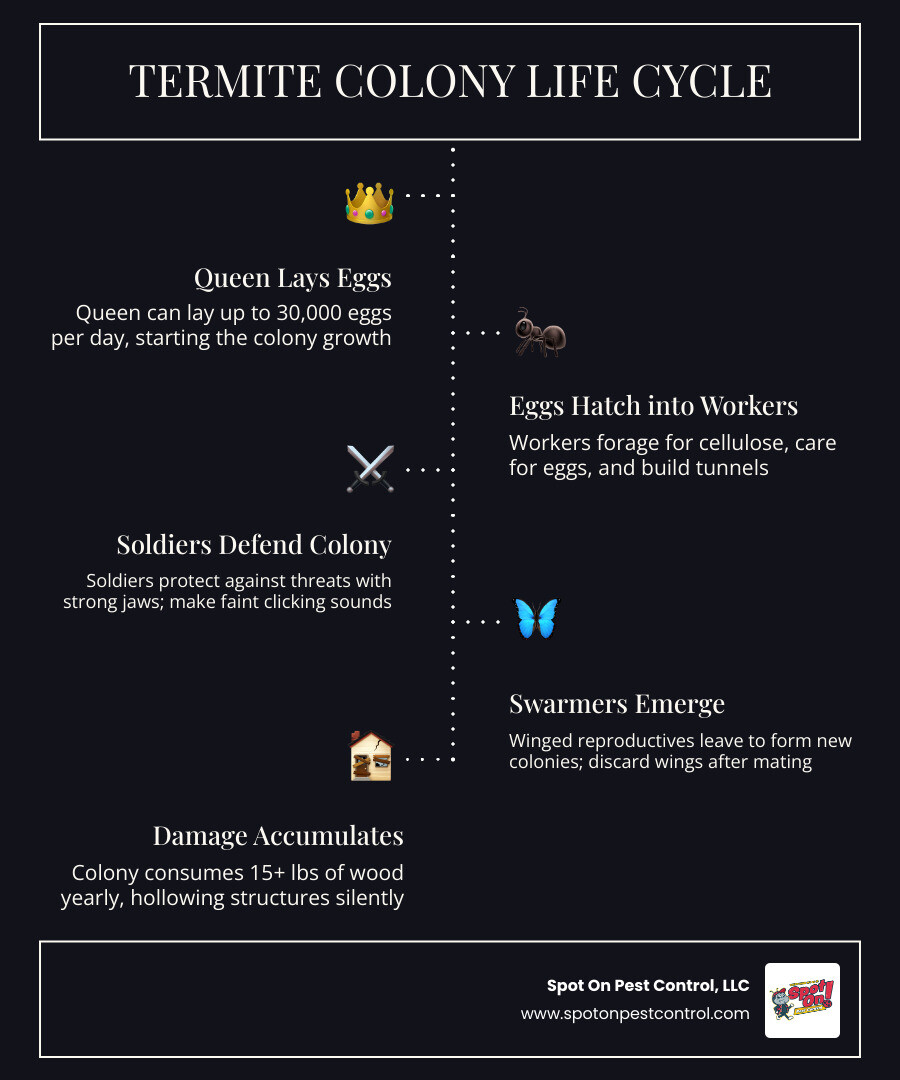 Termite colony life cycle infographic showing queen, workers, soldiers, swarmers, and damage stages - termite warning signs Termite colony life cycle infographic showing queen, workers, soldiers, swarmers, and damage stages - termite warning signs