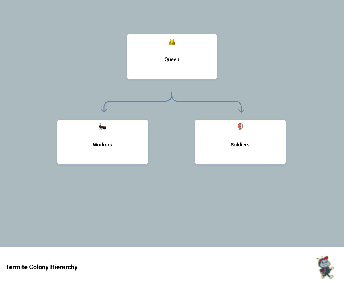 Termite life cycle and colony hierarchy infographic showing workers, soldiers, swarmers, and queen - how to check your home