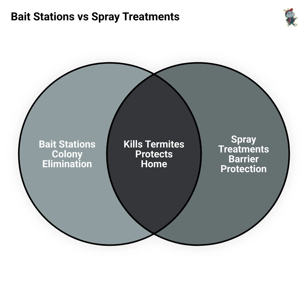 Infographic comparing bait station transfer effect vs spray treatment barrier protection for termites - how bait stations Infographic comparing bait station transfer effect vs spray treatment barrier protection for termites - how bait stations