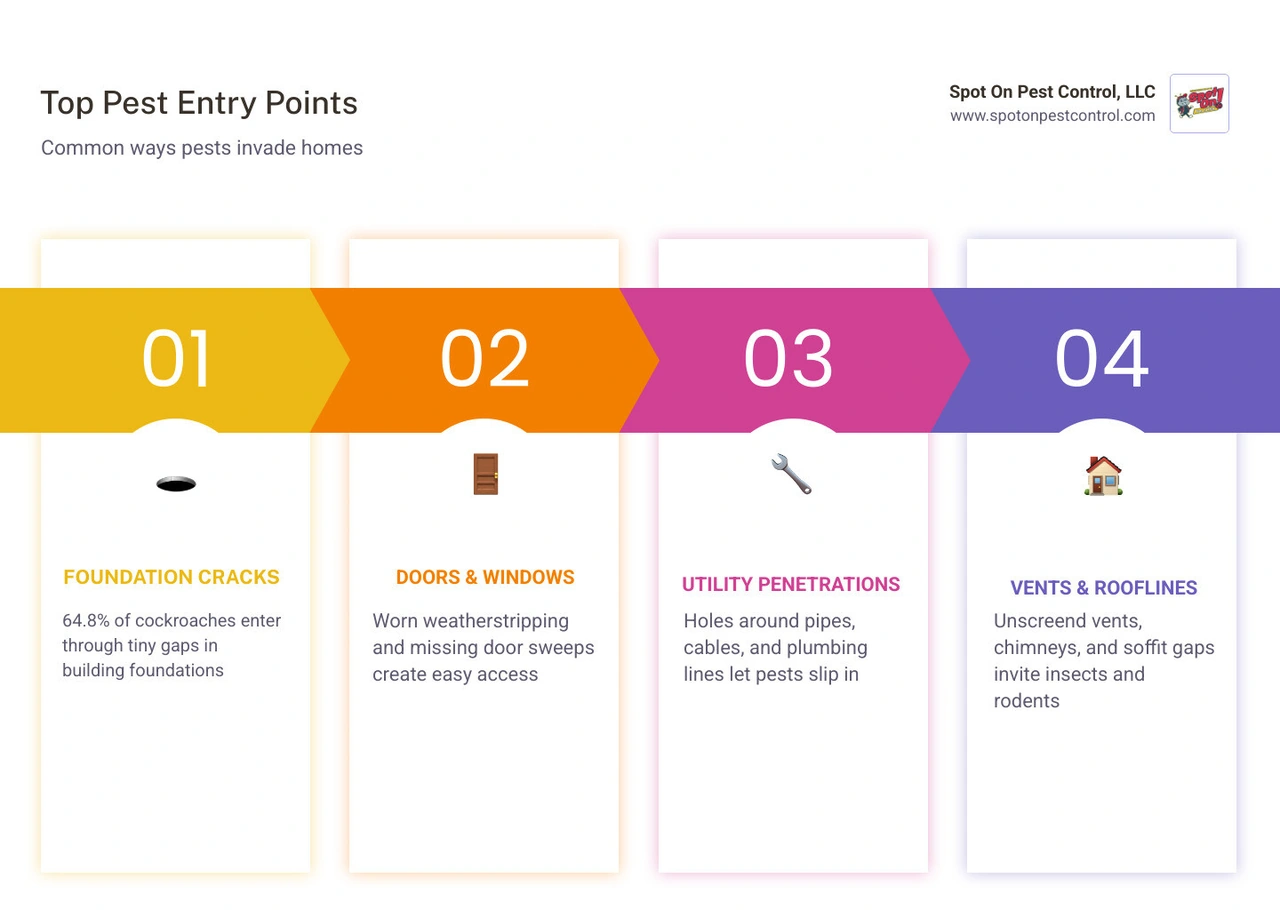 infographic showing the most common pest entry routes into a home including foundation cracks, doors, vents, and brought-in infographic showing the most common pest entry routes into a home including foundation cracks, doors, vents, and brought-in
