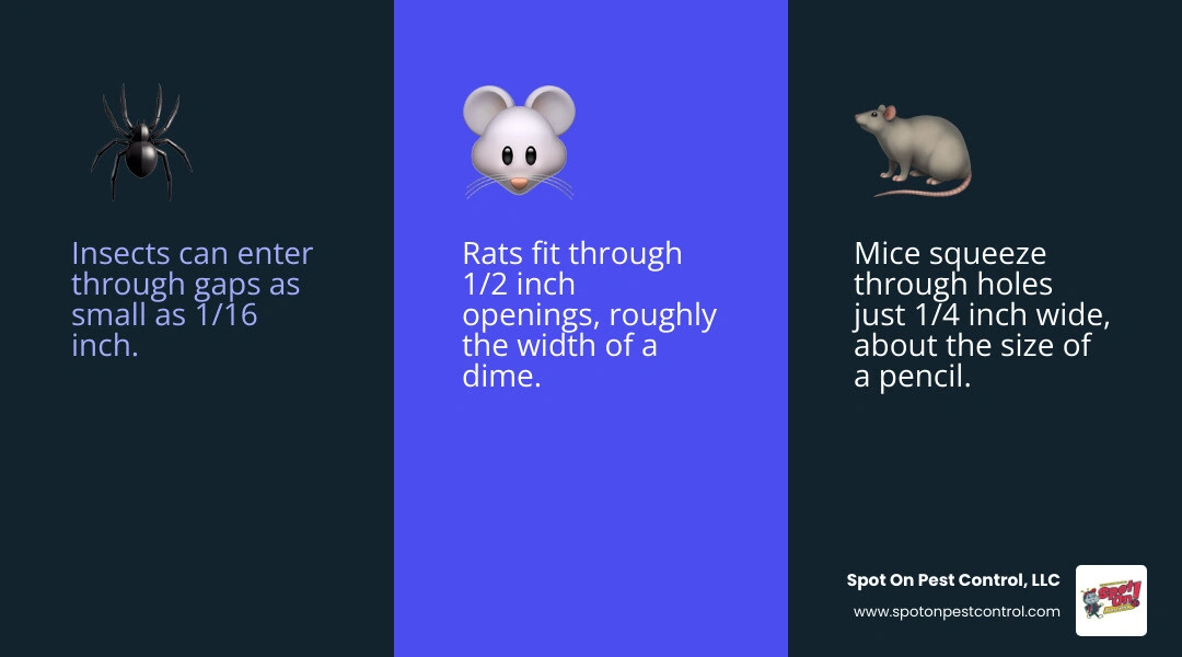 Infographic showing pest entry gap sizes: 1/16 inch for insects, 1/4 inch for mice, 1/2 inch for rats, with sealing Infographic showing pest entry gap sizes: 1/16 inch for insects, 1/4 inch for mice, 1/2 inch for rats, with sealing