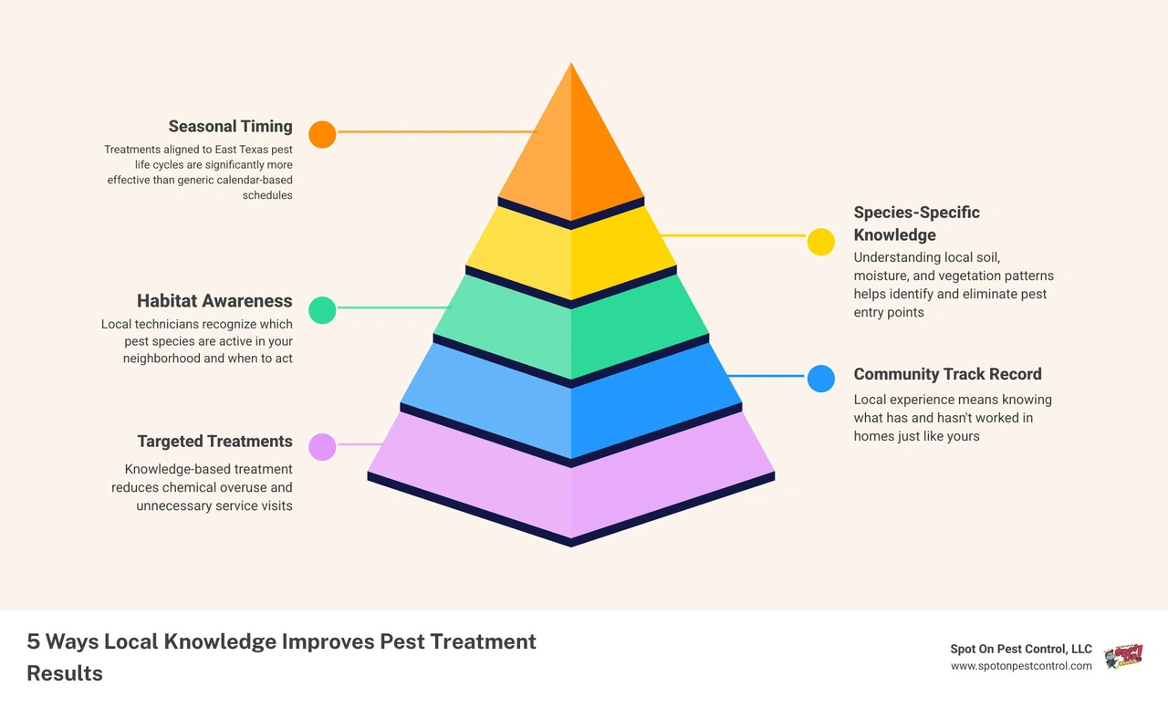 Infographic showing 5 ways local knowledge improves pest treatment results: seasonal timing, species ID, habitat awareness