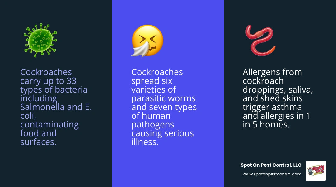 Infographic showing 6 key health risks of a cockroach infestation including bacteria, allergens, and disease infographic