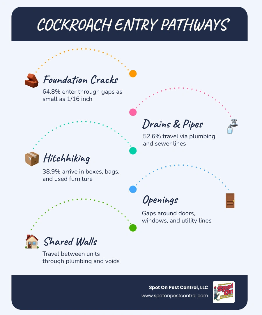 Cockroach infestation entry cycle infographic showing cracks, drains, grocery bags, and open doors as main entry points into Cockroach infestation entry cycle infographic showing cracks, drains, grocery bags, and open doors as main entry points into