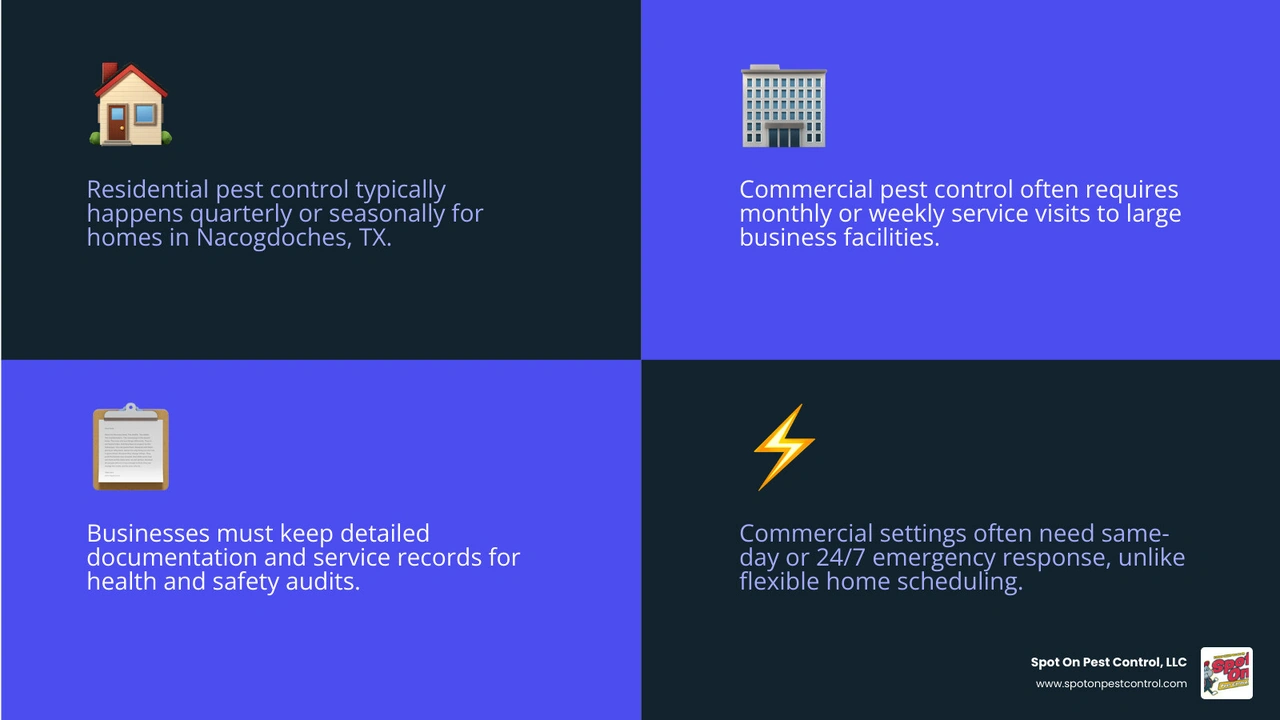 Infographic comparing commercial vs residential pest control: frequency, scope, pests, compliance, and response time Infographic comparing commercial vs residential pest control: frequency, scope, pests, compliance, and response time