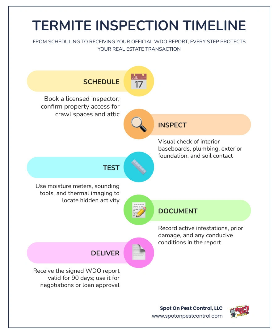 Termite inspection real estate timeline infographic: steps from scheduling to WDO report infographic Termite inspection real estate timeline infographic: steps from scheduling to WDO report infographic