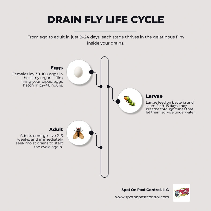 Drain fly life cycle from egg to larva to pupa to adult with timeline and key facts infographic Drain fly life cycle from egg to larva to pupa to adult with timeline and key facts infographic