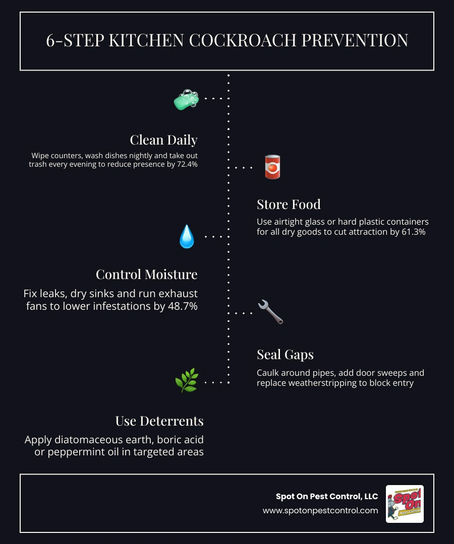 6-step cockroach prevention checklist for kitchens with sanitation, food storage, moisture control, sealing, deterrents, and 6-step cockroach prevention checklist for kitchens with sanitation, food storage, moisture control, sealing, deterrents, and