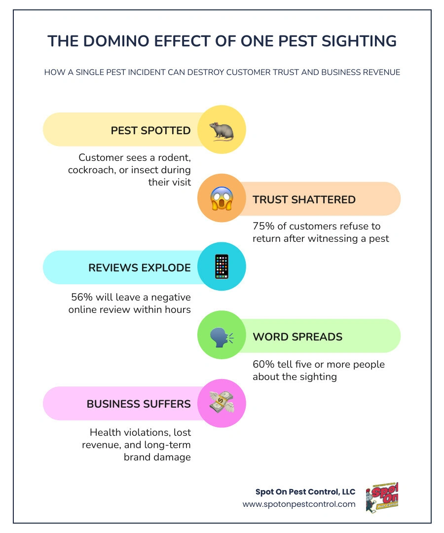Infographic showing the domino effect of a single pest sighting on business reputation, reviews, and revenue infographic Infographic showing the domino effect of a single pest sighting on business reputation, reviews, and revenue infographic