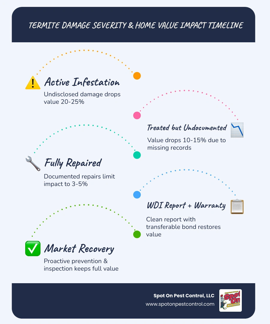 Infographic showing how termite damage severity levels affect home resale value percentages and recovery timelines Infographic showing how termite damage severity levels affect home resale value percentages and recovery timelines
