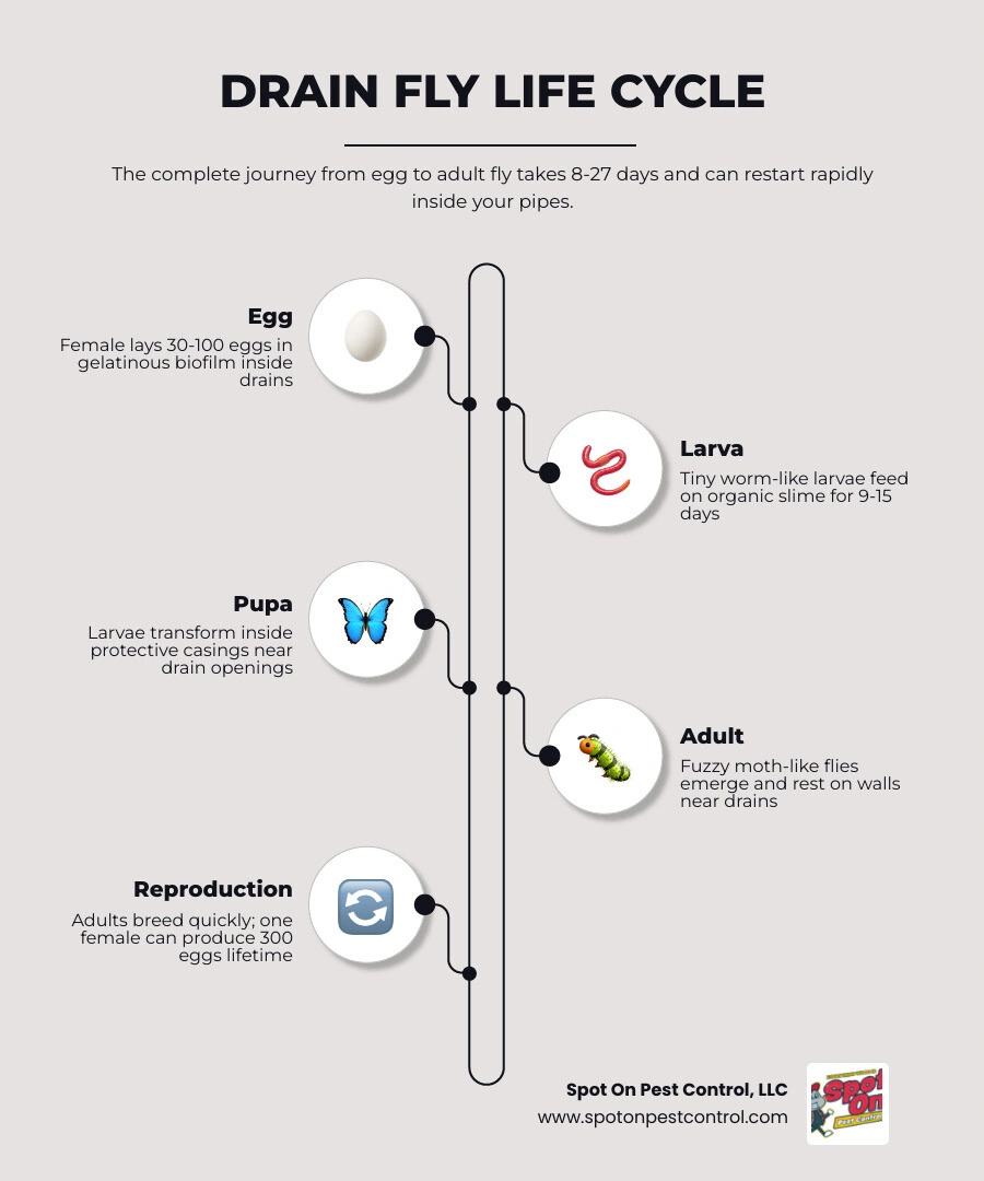 Drain fly life cycle stages egg larva pupa adult with timeline and key facts infographic