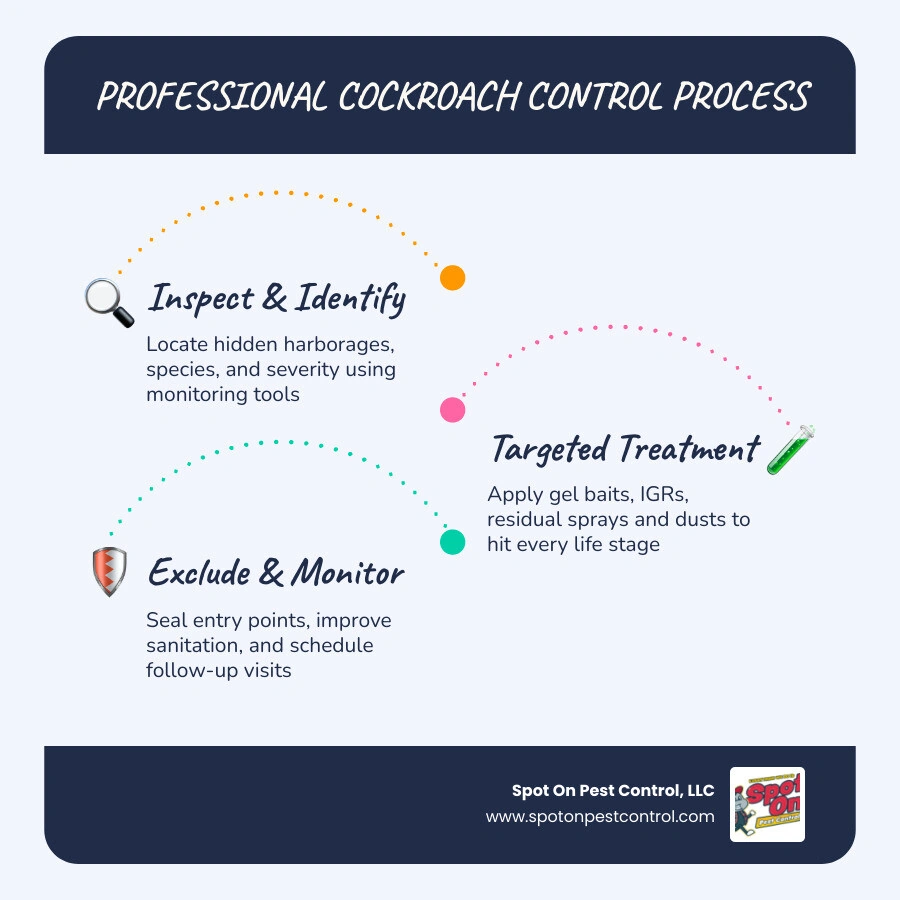 Infographic showing professional cockroach control methods including gel bait, IGRs, residual sprays, dust insecticides Infographic showing professional cockroach control methods including gel bait, IGRs, residual sprays, dust insecticides