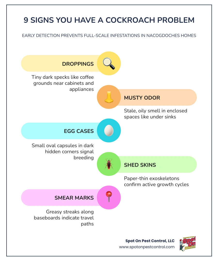 Infographic showing 9 signs of a cockroach problem including droppings, odor, egg cases, shed skins, smear marks, daytime