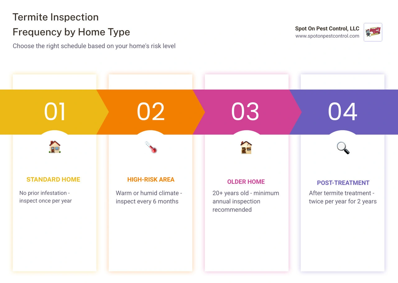 Infographic showing termite inspection frequency by home type and risk level infographic Infographic showing termite inspection frequency by home type and risk level infographic