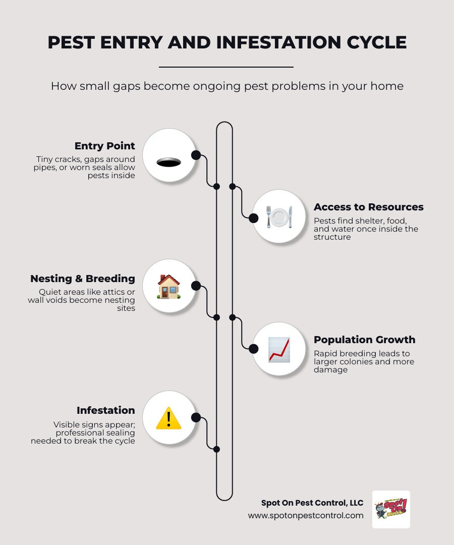 infographic showing pest entry cycle from outside gap to shelter nesting food water and infestation infographic infographic showing pest entry cycle from outside gap to shelter nesting food water and infestation infographic