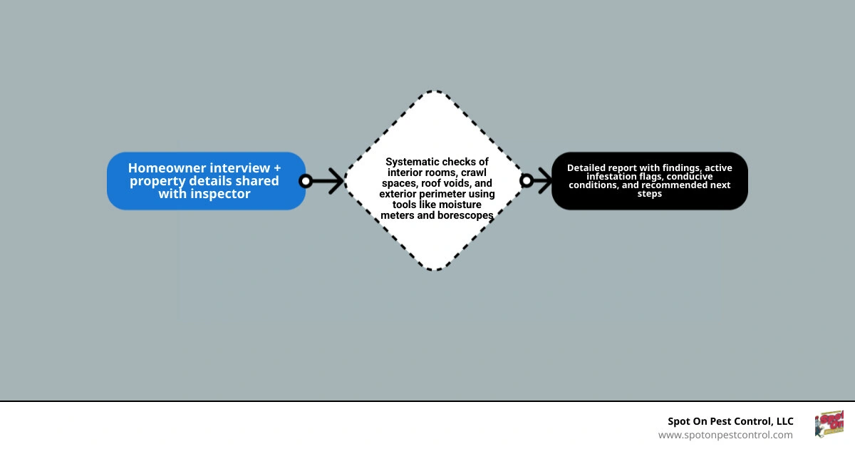 Termite inspection lifecycle from initial assessment to report and treatment recommendations infographic