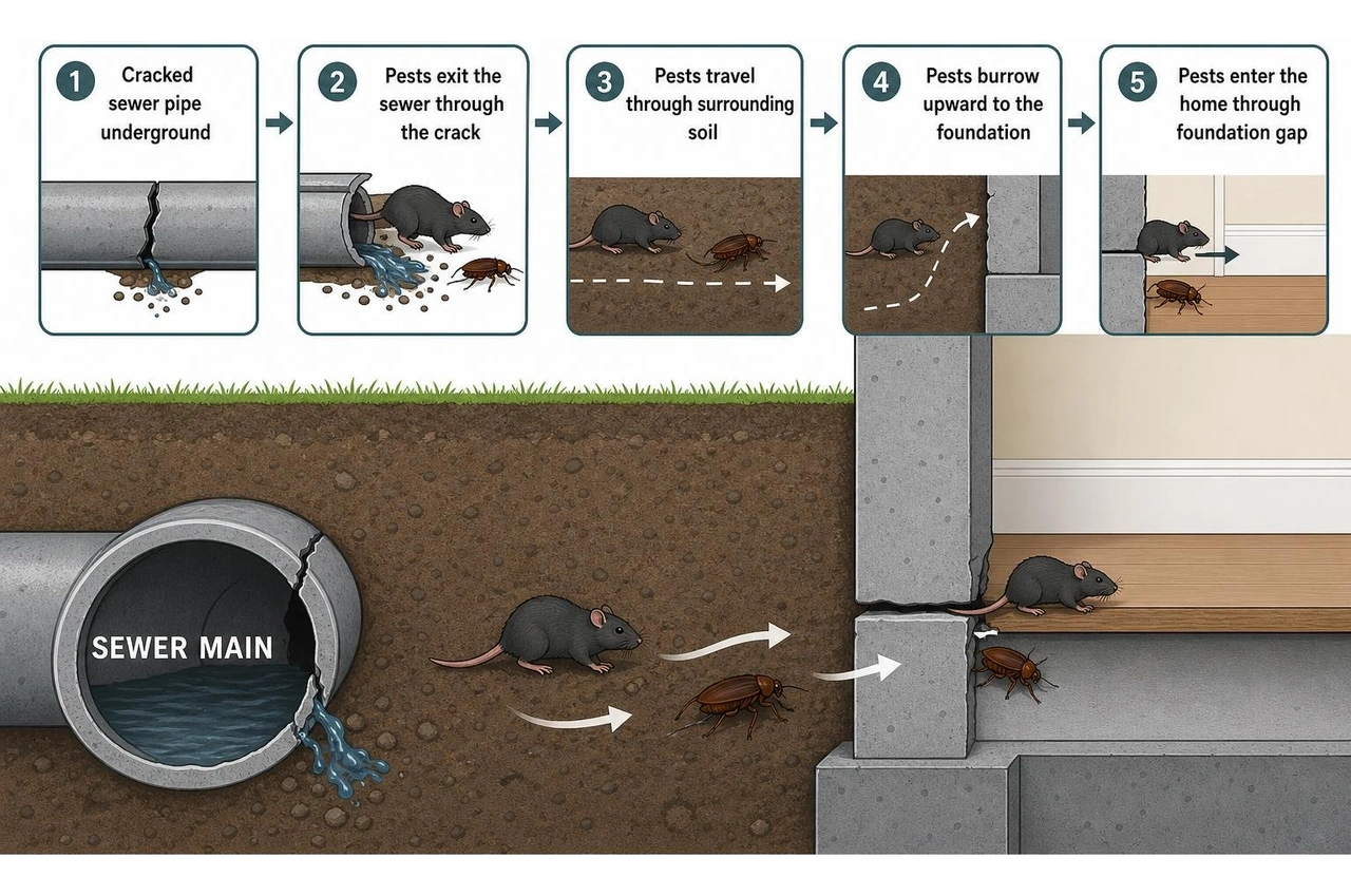 Diagram showing how a cracked underground sewer pipe allows rats and cockroaches to exit the sewer system and enter a home's Diagram showing how a cracked underground sewer pipe allows rats and cockroaches to exit the sewer system and enter a home's