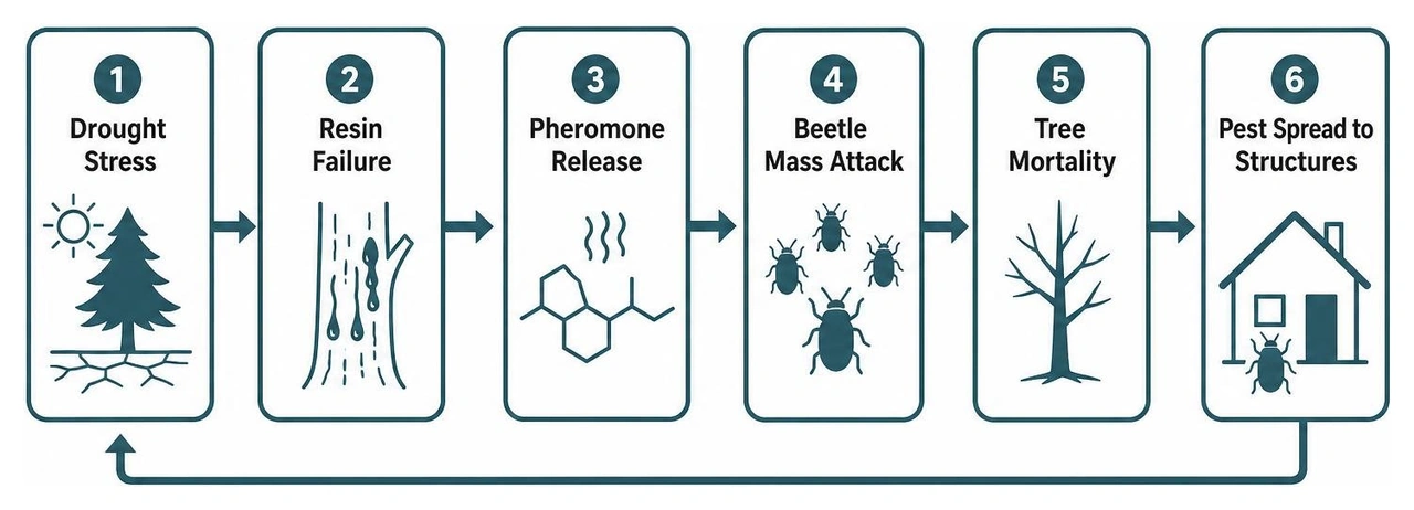 cycle diagram: drought stress, resin failure, pheromone release, beetle mass attack, tree mortality, pest spread to cycle diagram: drought stress, resin failure, pheromone release, beetle mass attack, tree mortality, pest spread to