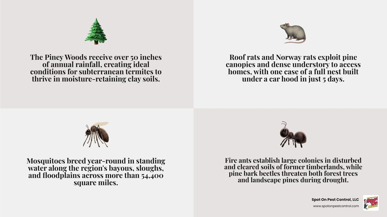 Infographic showing how pine forests, high humidity, and wetlands in the Piney Woods drive pest activity infographic Infographic showing how pine forests, high humidity, and wetlands in the Piney Woods drive pest activity infographic