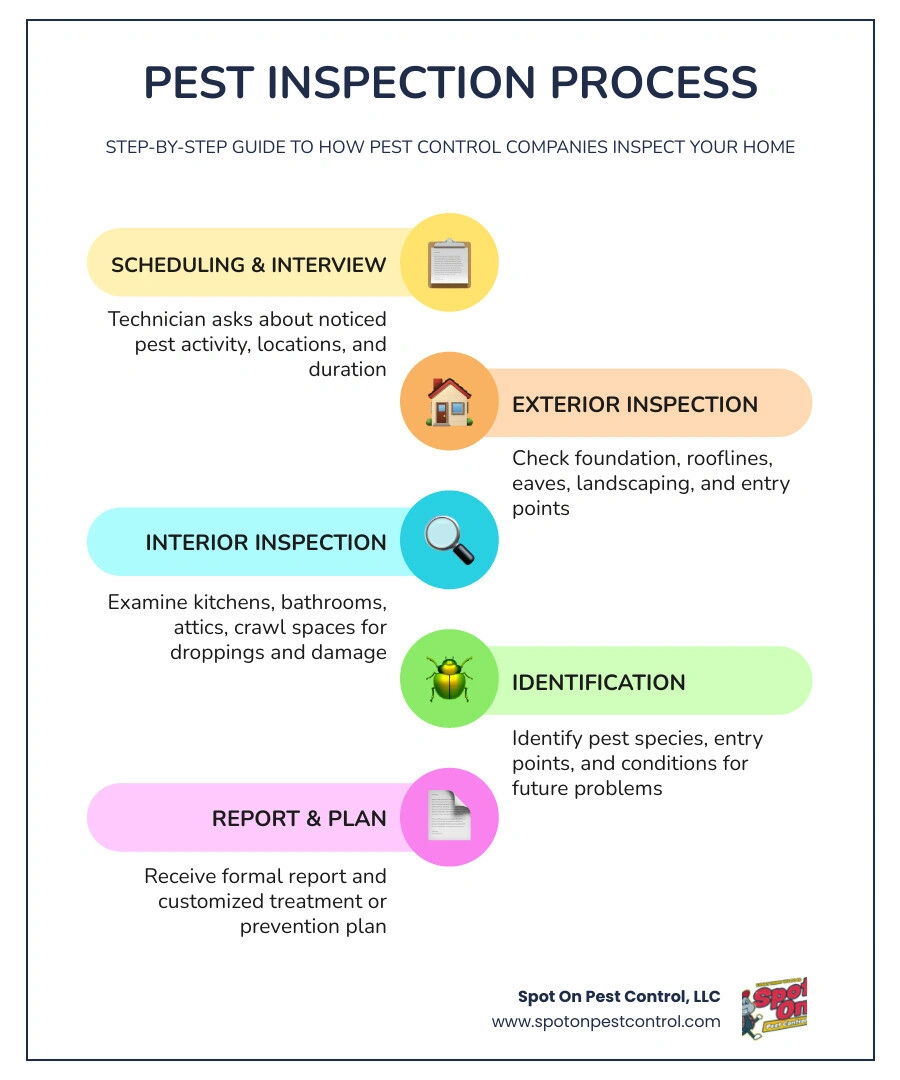 Step-by-step pest inspection process infographic showing exterior check, interior check, identification, report infographic Step-by-step pest inspection process infographic showing exterior check, interior check, identification, report infographic